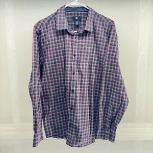 Calvin Klein Mens Large Poplin Red Black Plaid Small Pattern Long Sleeve Button